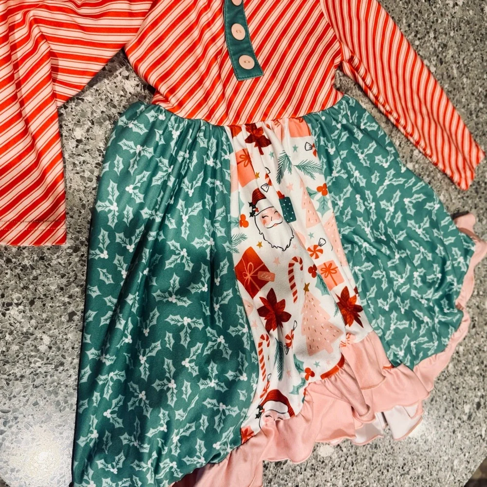 Cheeky Plum Striped and Floral Long Sleeve Santa Dress - Size 4T - EUC ⭐🎄 - Picture 4 of 12